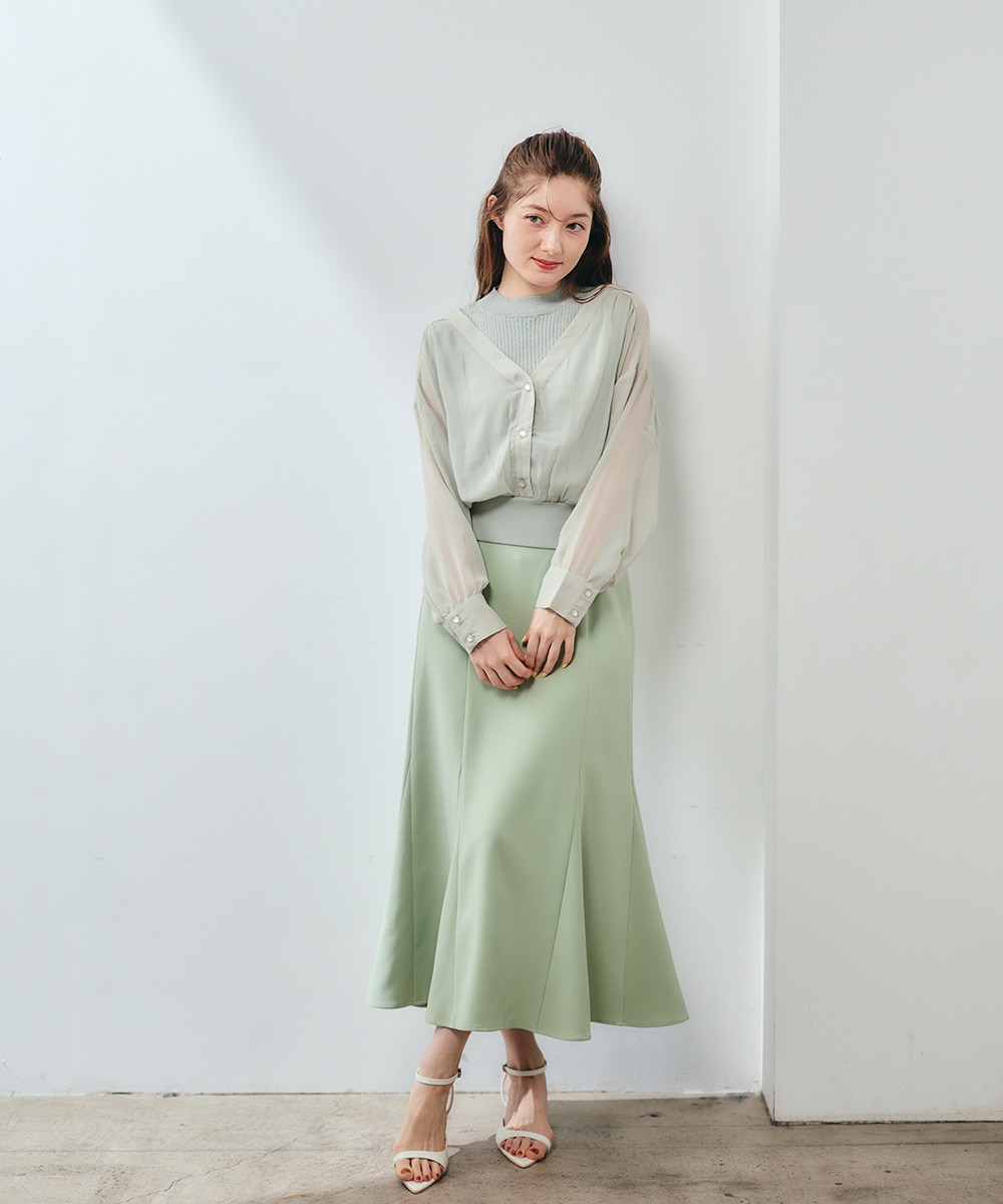 SALE】ラメリブニット付ノーカラーシアーシャツプルオーバー