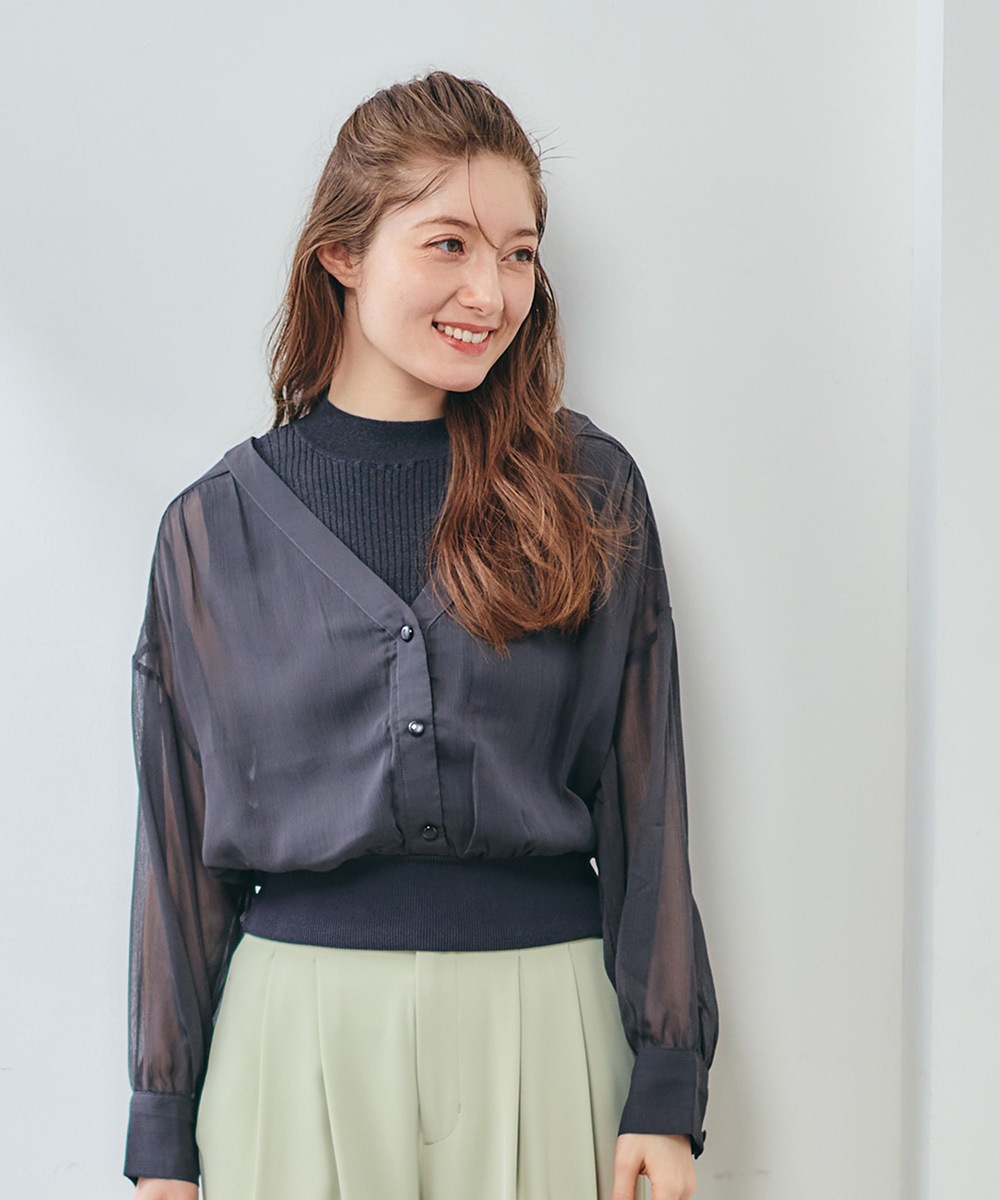 SALE】ラメリブニット付ノーカラーシアーシャツプルオーバー