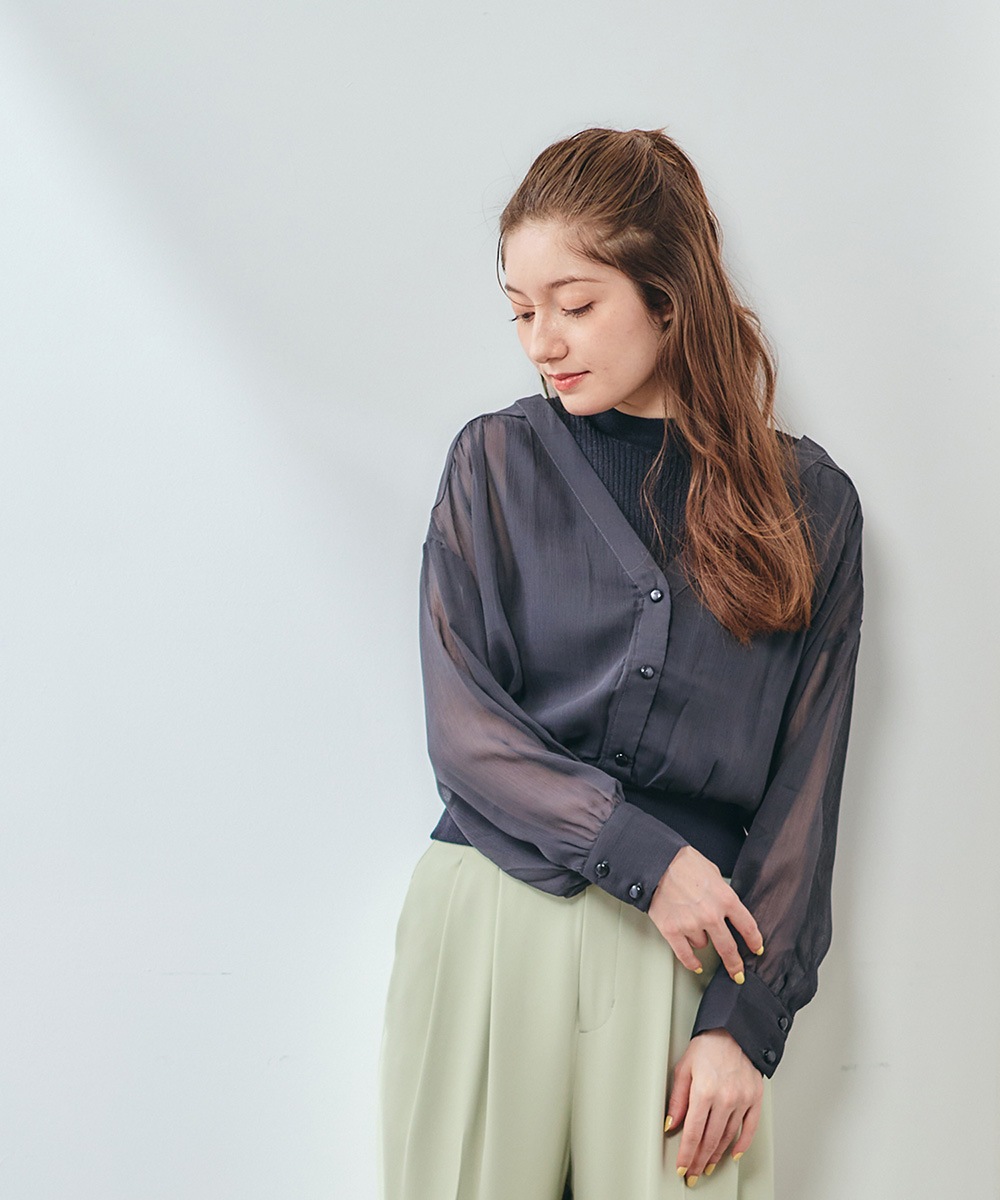 SALE】ラメリブニット付ノーカラーシアーシャツプルオーバー