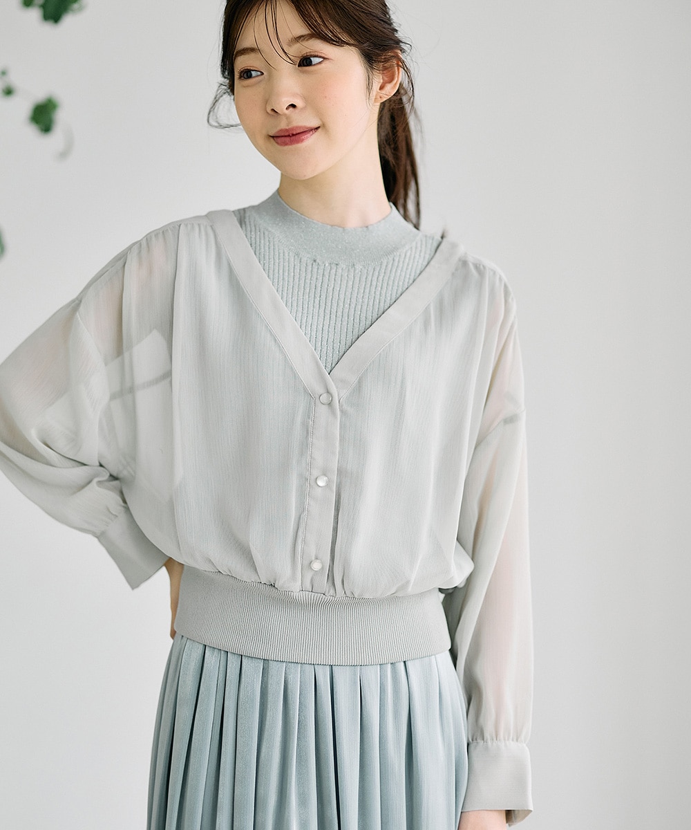 SALE】ラメリブニット付ノーカラーシアーシャツプルオーバー