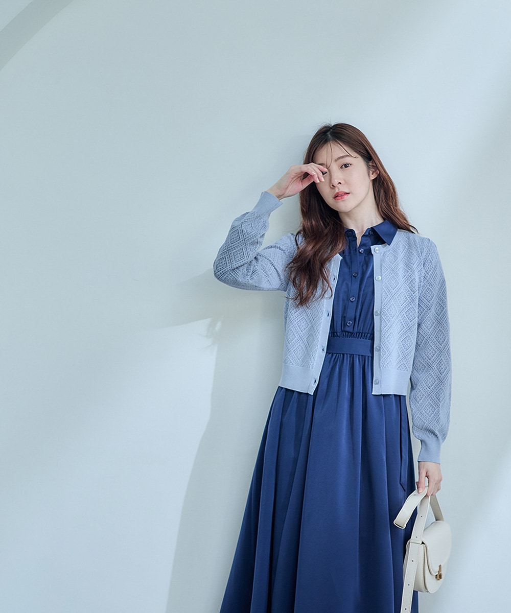 未使用級ꕥドゥロワー ミラノ編みニットケープカーディガン ポンチョ 濃紺 透かし編みダイヤ柄ニットカーディガン - 12Twelve Agenda(トゥエルブ