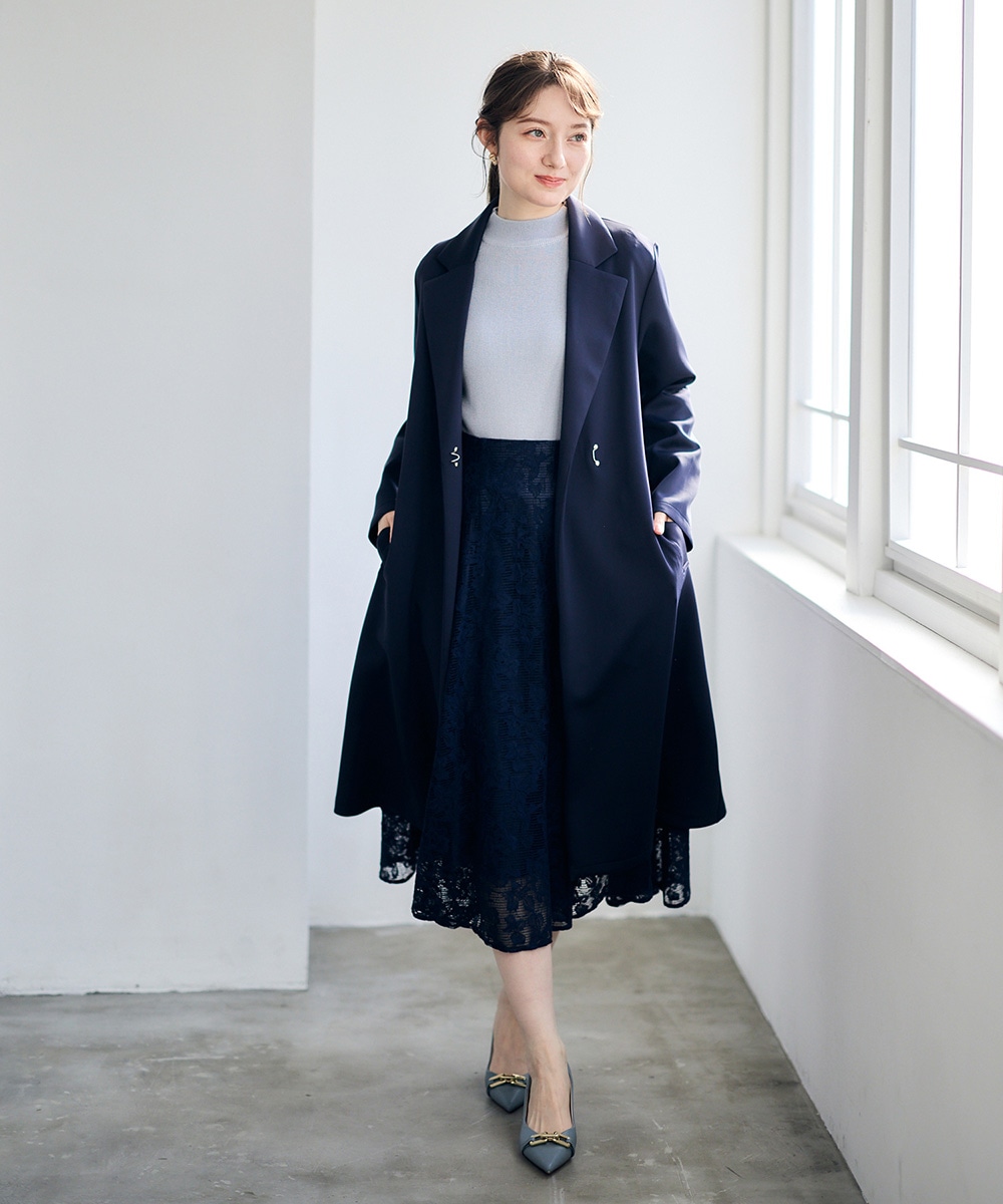 【美品】アンタイトル ベルト付テーラードコート ネイビー きれいめ　日本製 アンタイトル UNTITLED 【日本製／通勤／フォーマル】カシミヤ混ノー
