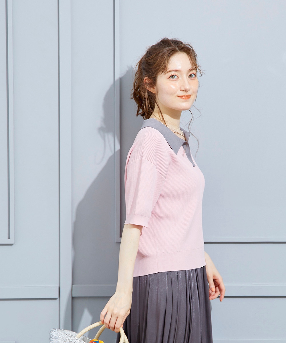 ミラオーウェンピンク 五分袖 ポロシャツ Mila Owen ニット セーター フォルムスリーブポロニット「手洗い