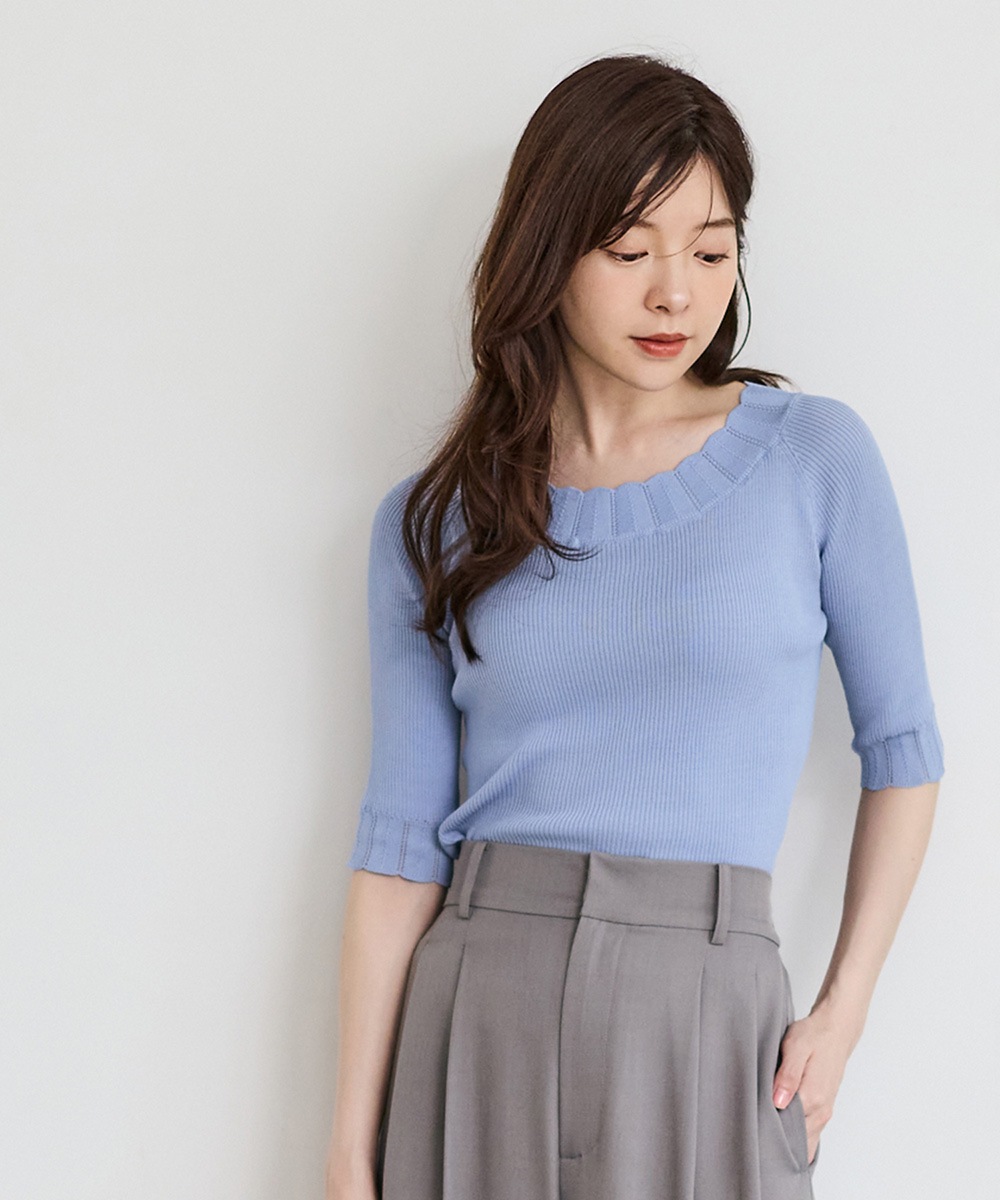 SALE】前後2wayスカラネック5分袖リブニットプルオーバー - 12Twelve