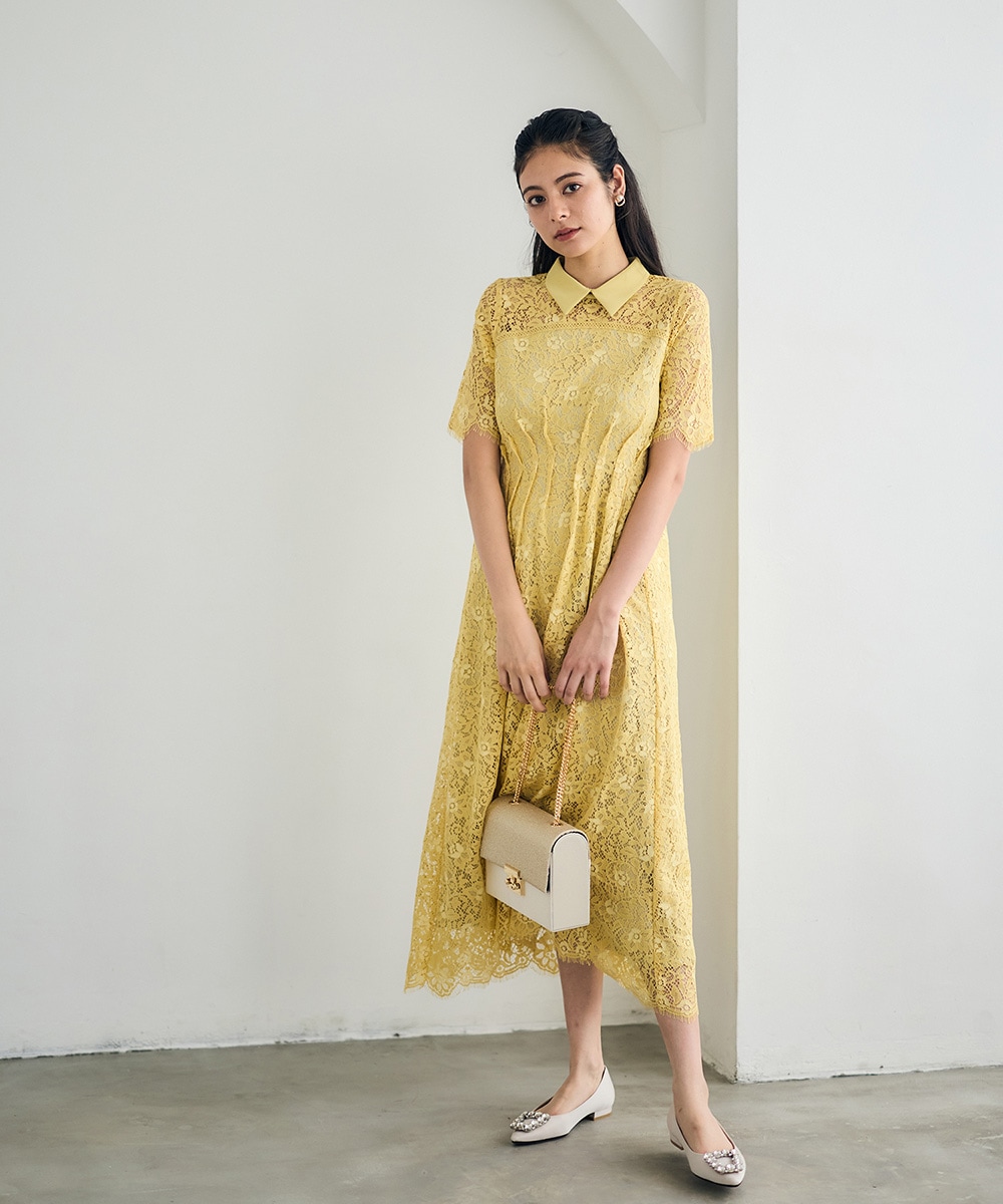 フラワープリント フレアドレス Lサイズ 衿付きレースフレアドレス - 12Twelve Agenda(トゥエルブアジェンダ