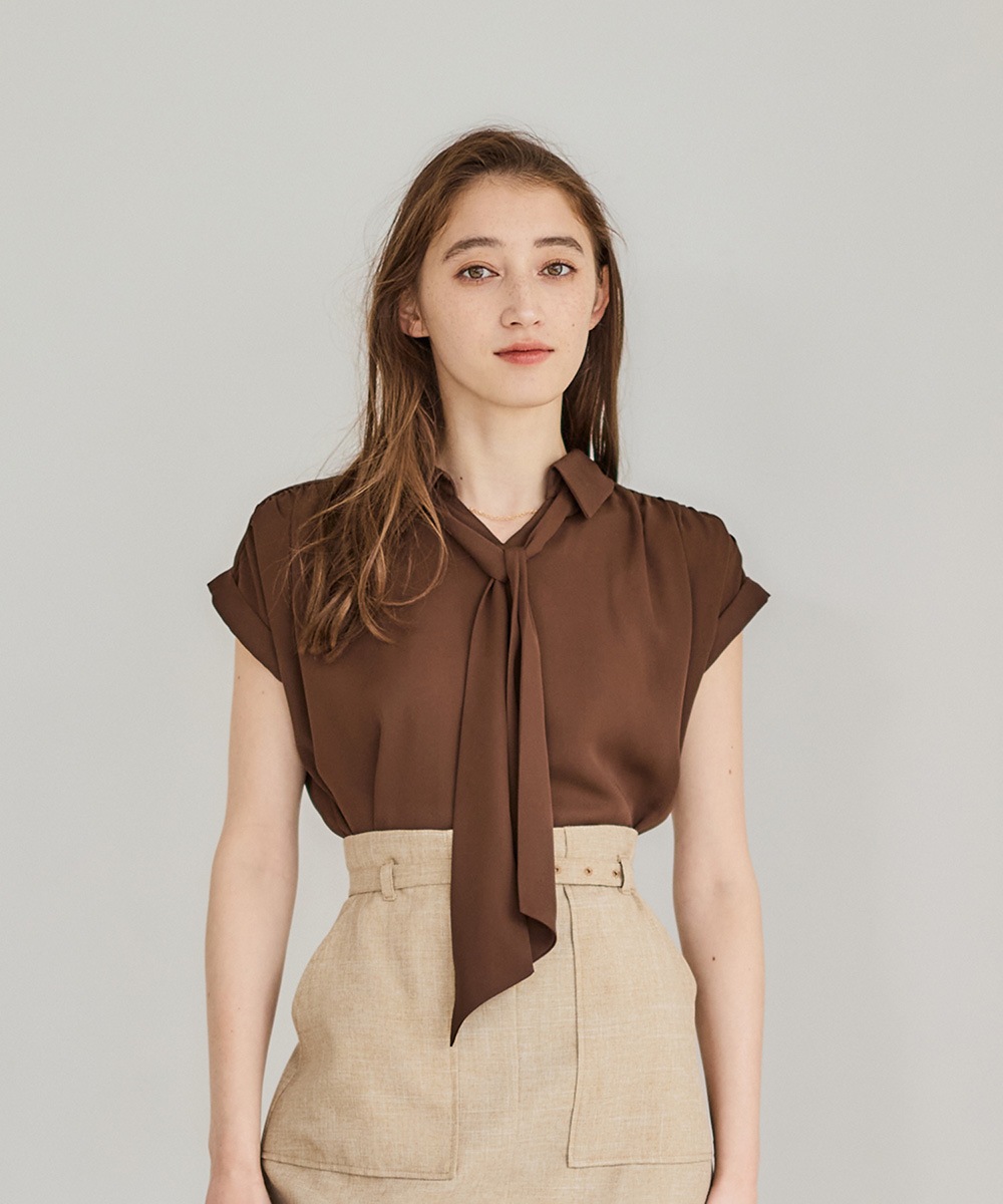 DRAWER ドゥロワー FALL2 スタンドカラーブラウス シャツ ブラウン 撥水Manywaysデザイン半袖ブラウス - 12Twelve Agenda(トゥエルブ