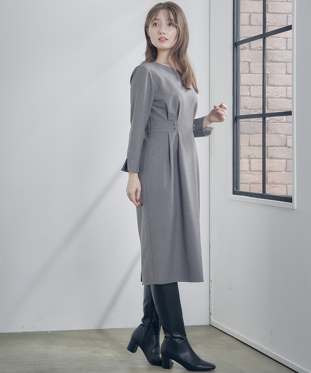 SALE】Vネックウエストタック7分袖タイトワンピース - 12Twelve