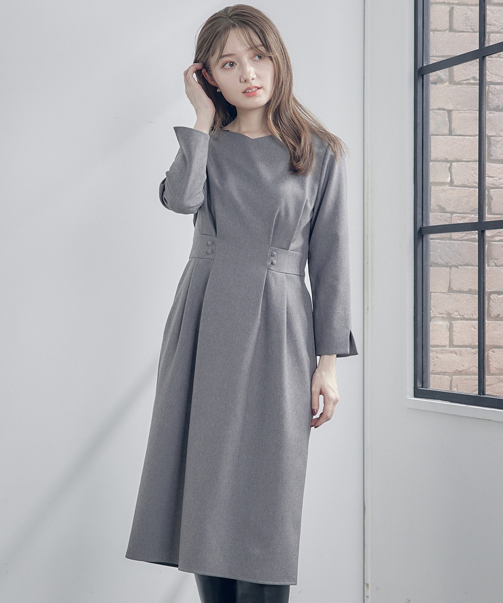 SALE】Vネックウエストタック7分袖タイトワンピース - 12Twelve