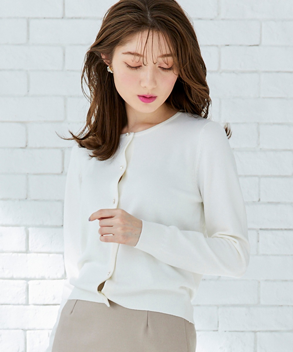 SALE】クルーネックコットンパール風ニットカーディガン