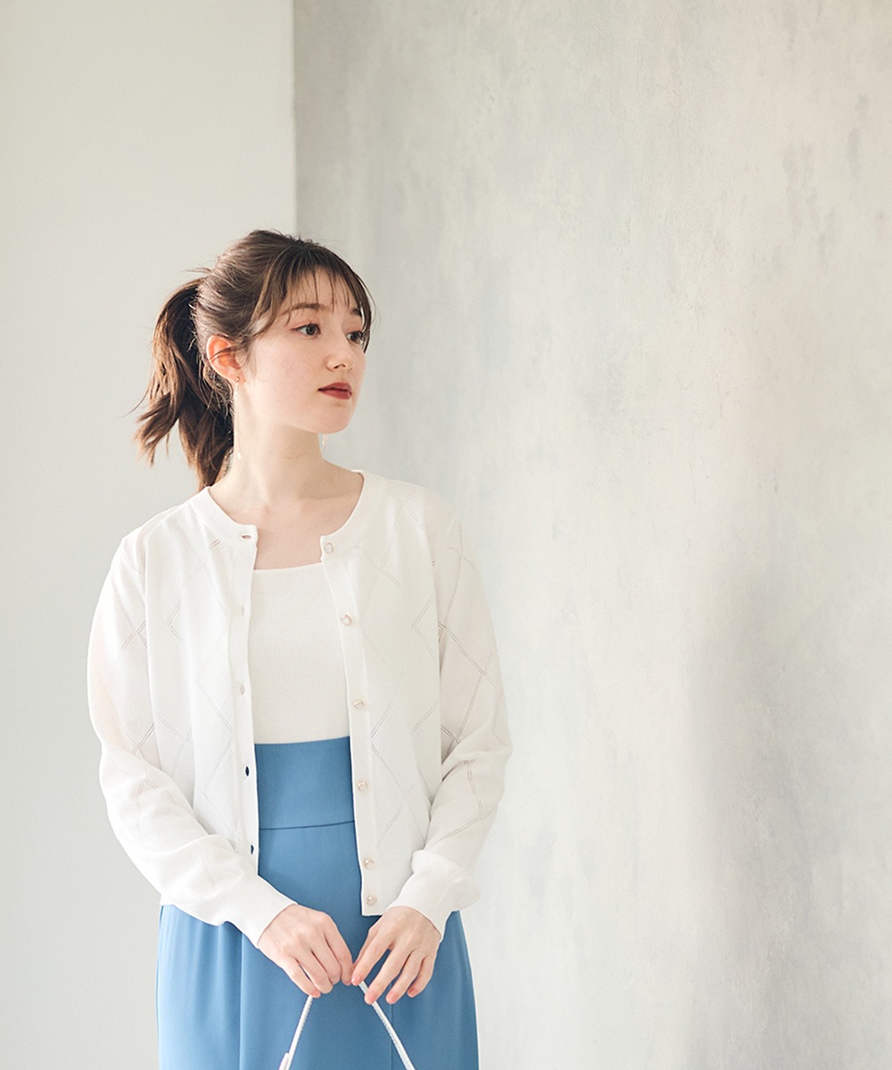 SALE】ダイヤ柄クルーネック長袖ニットカーディガン - 12Twelve