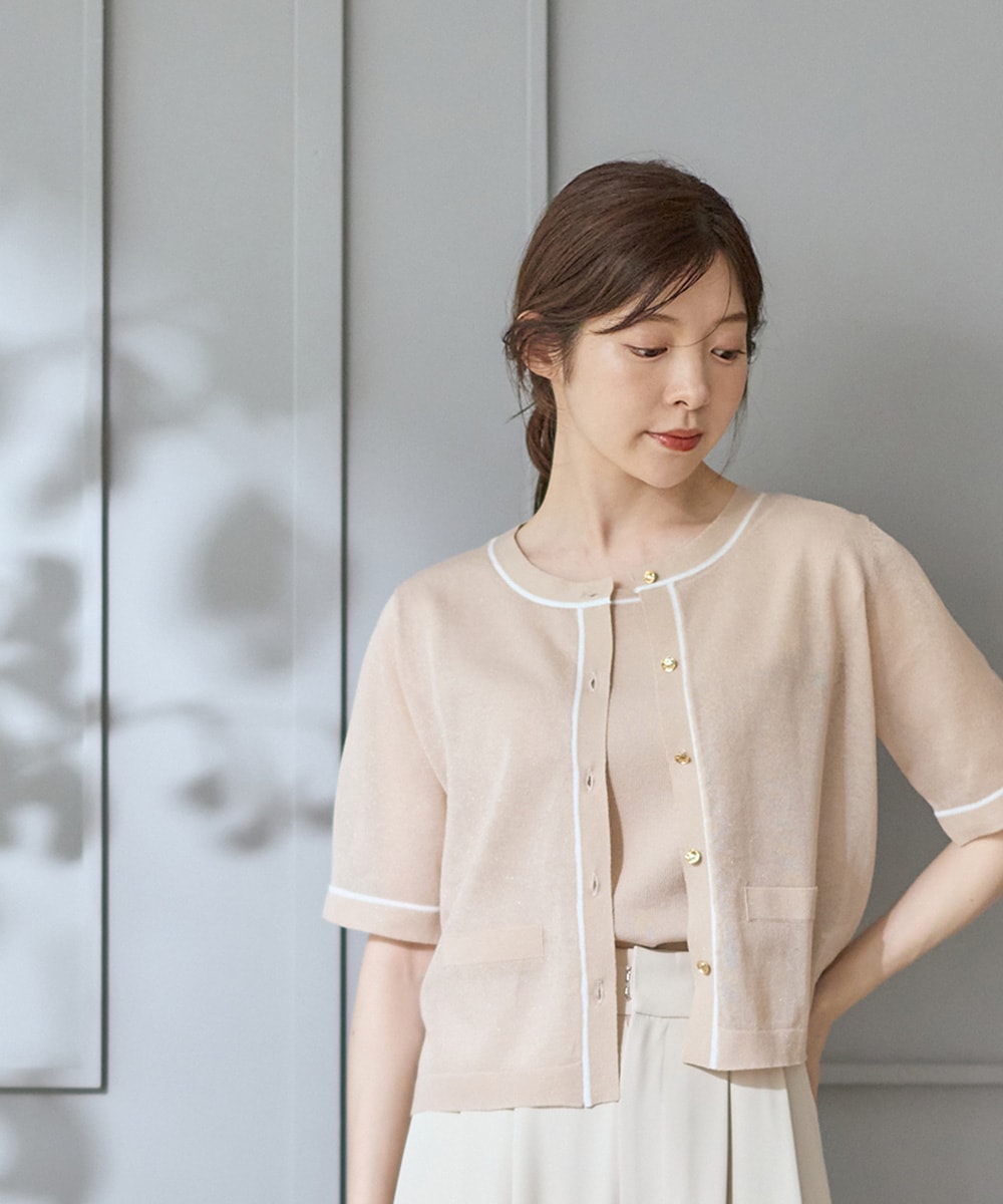 【完売品】cygne 半袖 ラメカーディガン Clarisse シルバー ラメシアー配色半袖カーディガン - 12Twelve Agenda(トゥエルブ