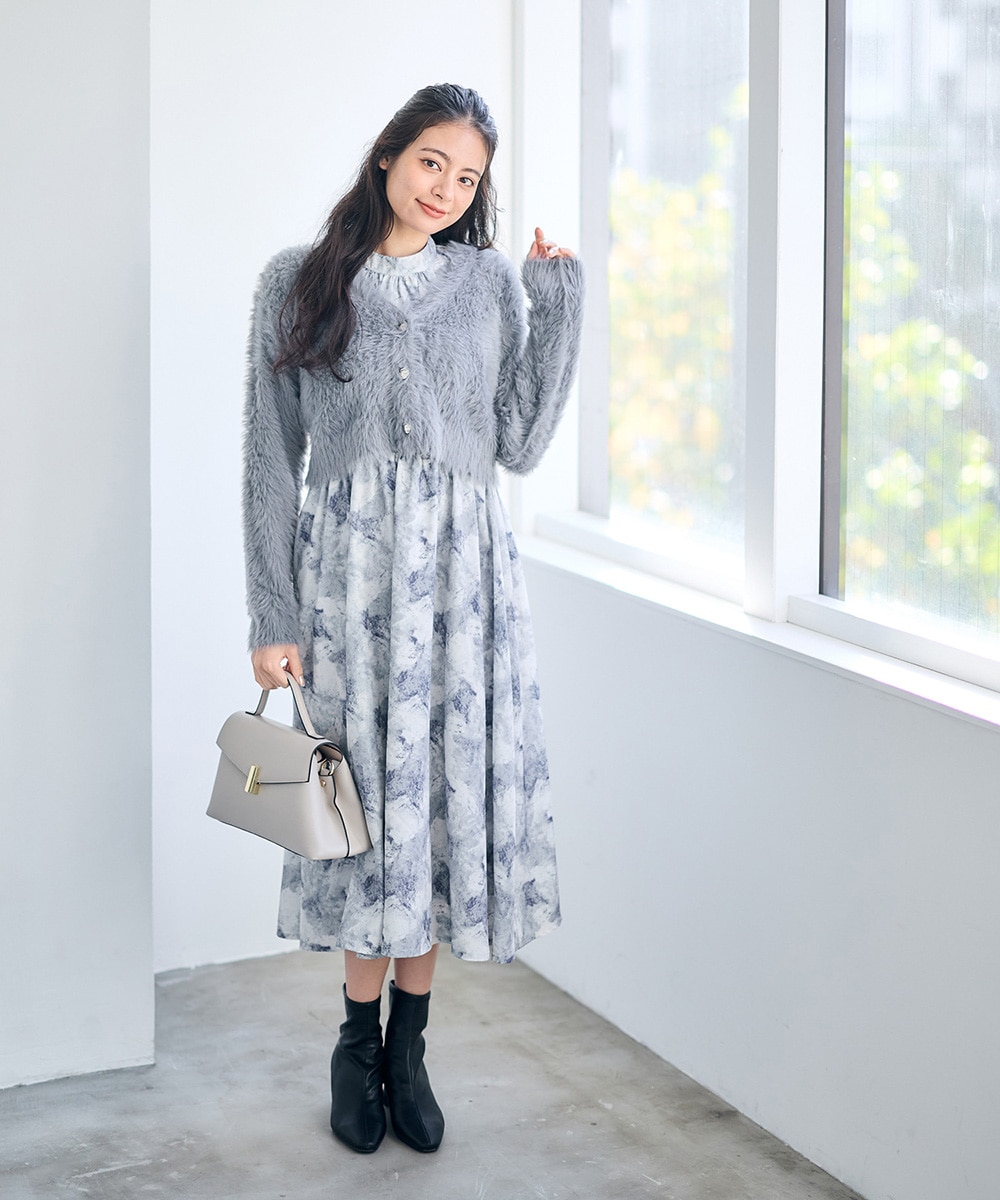 フェザーカーディガン×ニュアンス柄ハイネックワンピース - 12Twelve