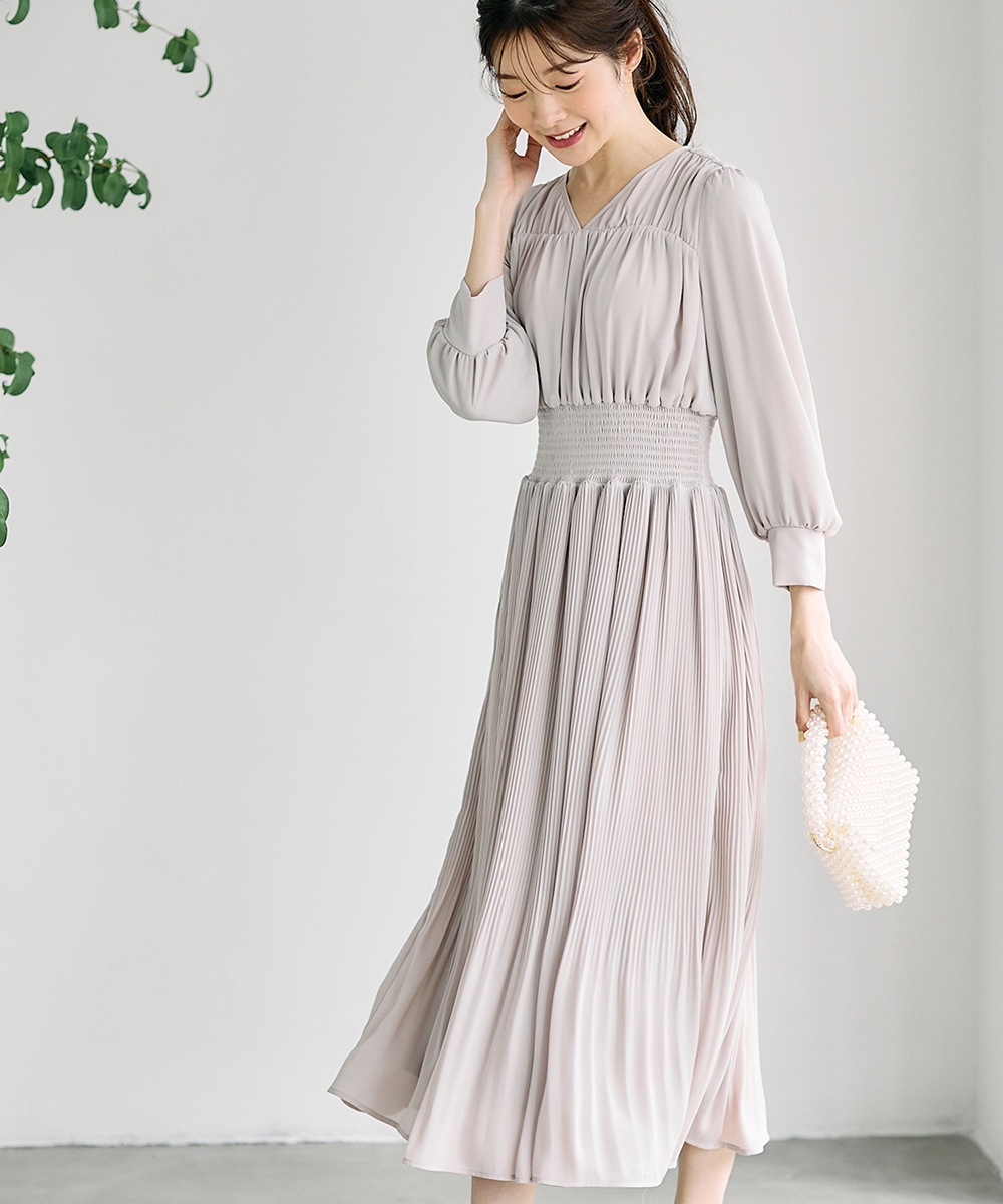 SALE】Vネック消しプリーツウエストシャーリングロングワンピース