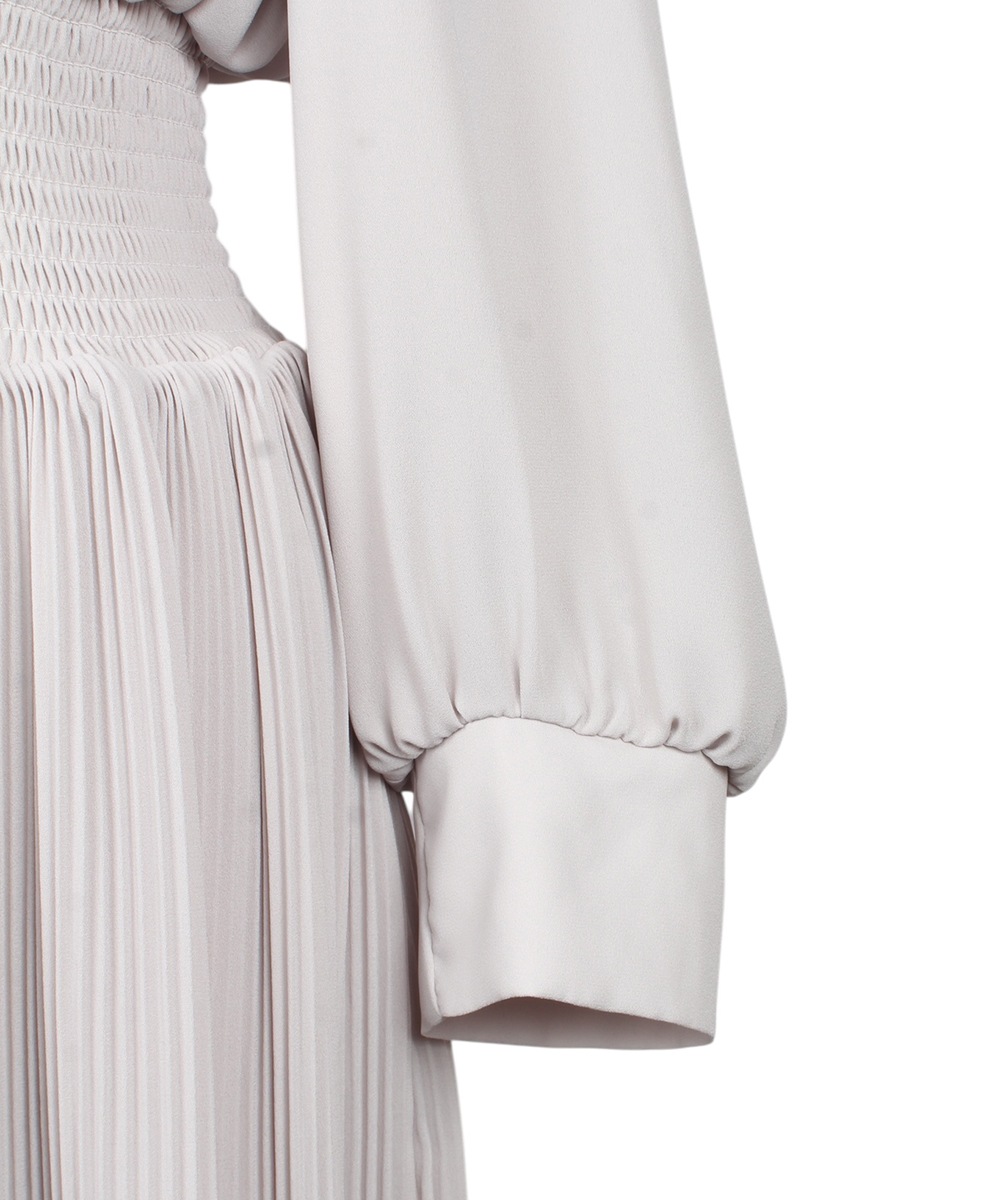 SALE】Vネック消しプリーツウエストシャーリングロングワンピース