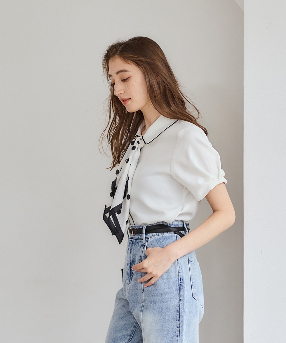 mimi Collaboration】配色サテンタックスリーブシャツ【6/12 12:00発売