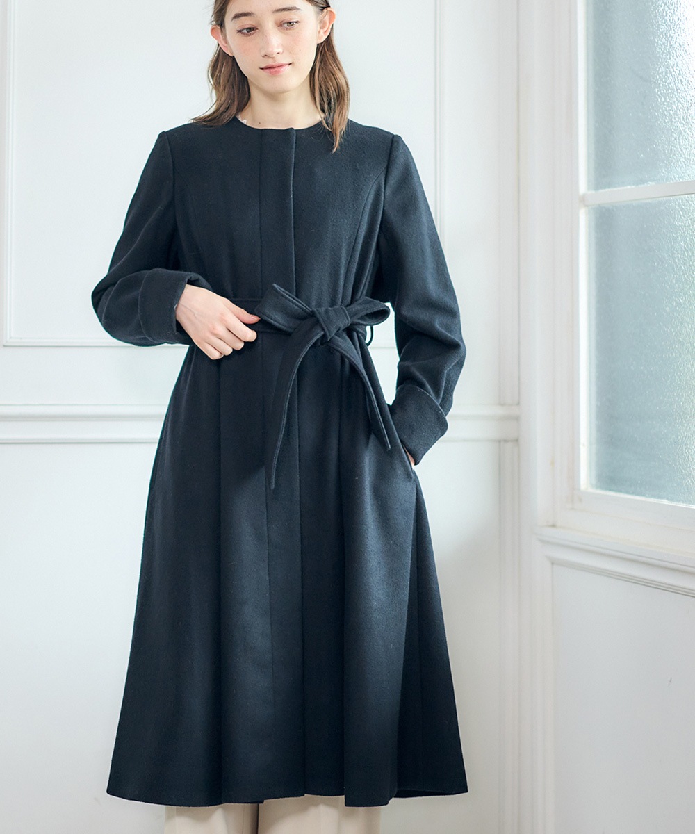 【最終値下げ・美品】IENA ウールベルテッドコート ウールコート 黒 ブラック 先行予約】フィット＆フレアノーカラーロングウールコート【10/6～10