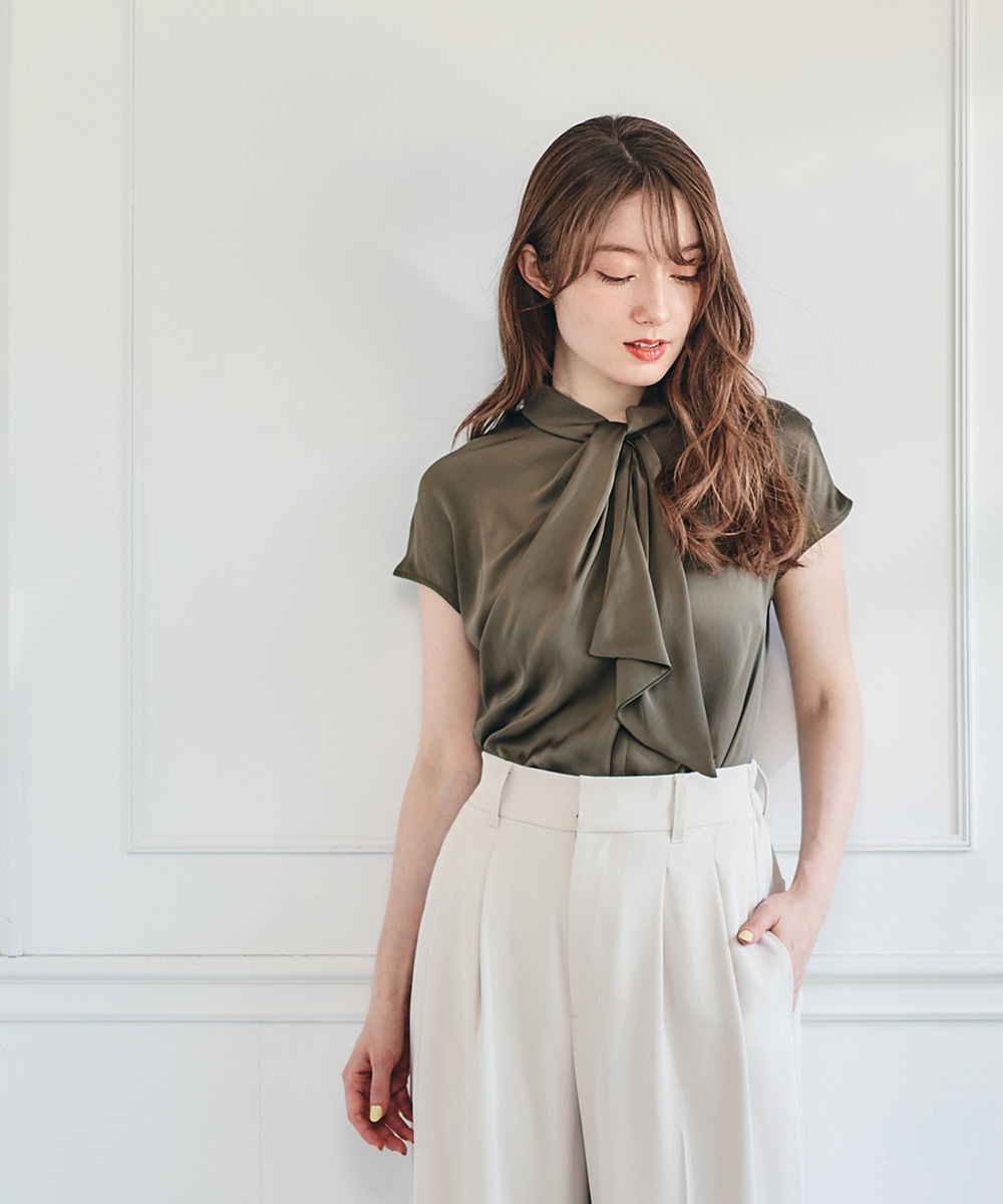 Rirandture フレンチボウタイ ゆるニット ブラウス ねじりボウタイフレンチスリーブブラウス - 12Twelve Agenda
