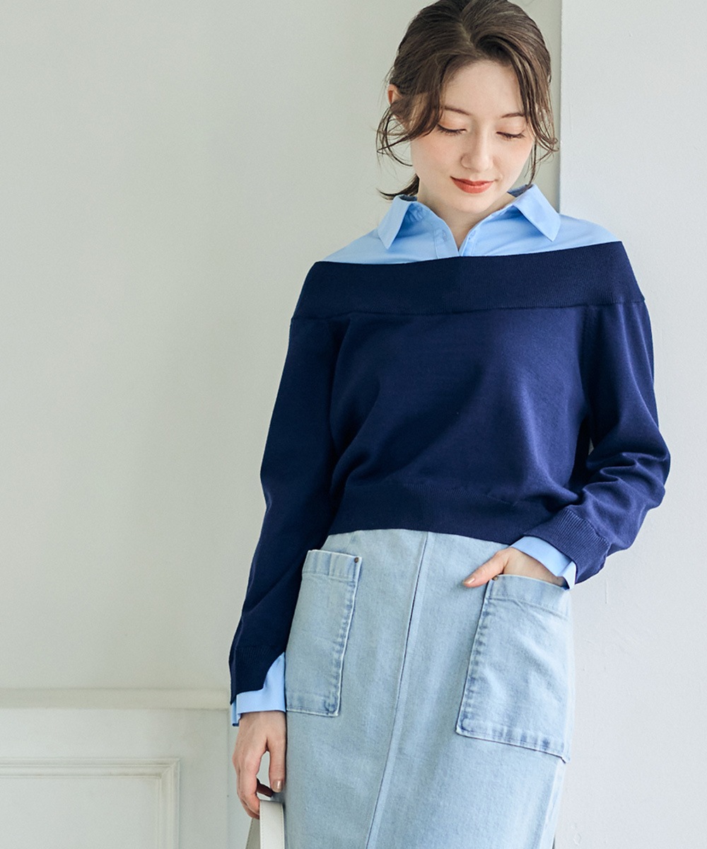 シャツレイヤードニットプルオーバー シャツレイヤードニットプルオーバー(ニットプルオーバー)｜TOPS