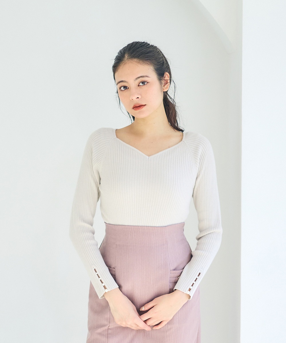 新色追加】ハートネック袖口アソートパールリブニットプルオーバー
