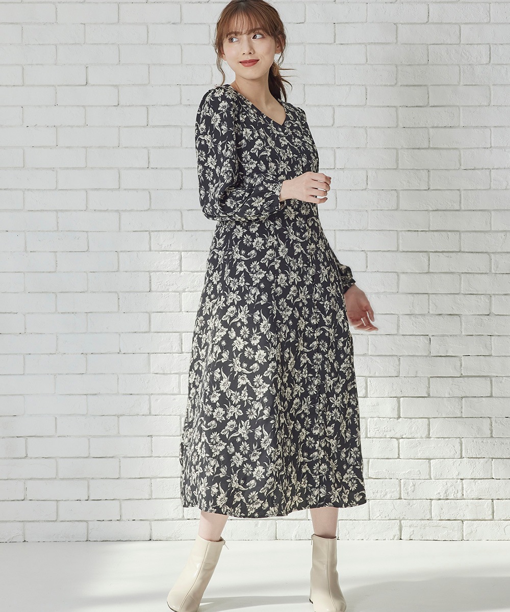 国内発送セール* Vネック 花柄 ワンピース ドレス SALE】Vネックモノトーン花柄ロングワンピース - 12Twelve