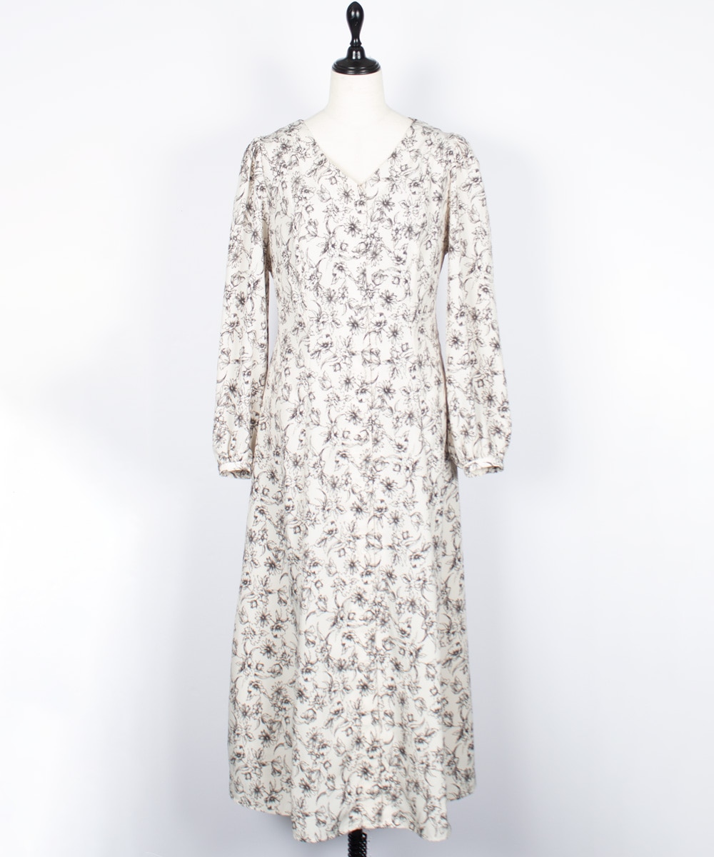 SALE】Vネックモノトーン花柄ロングワンピース - 12Twelve