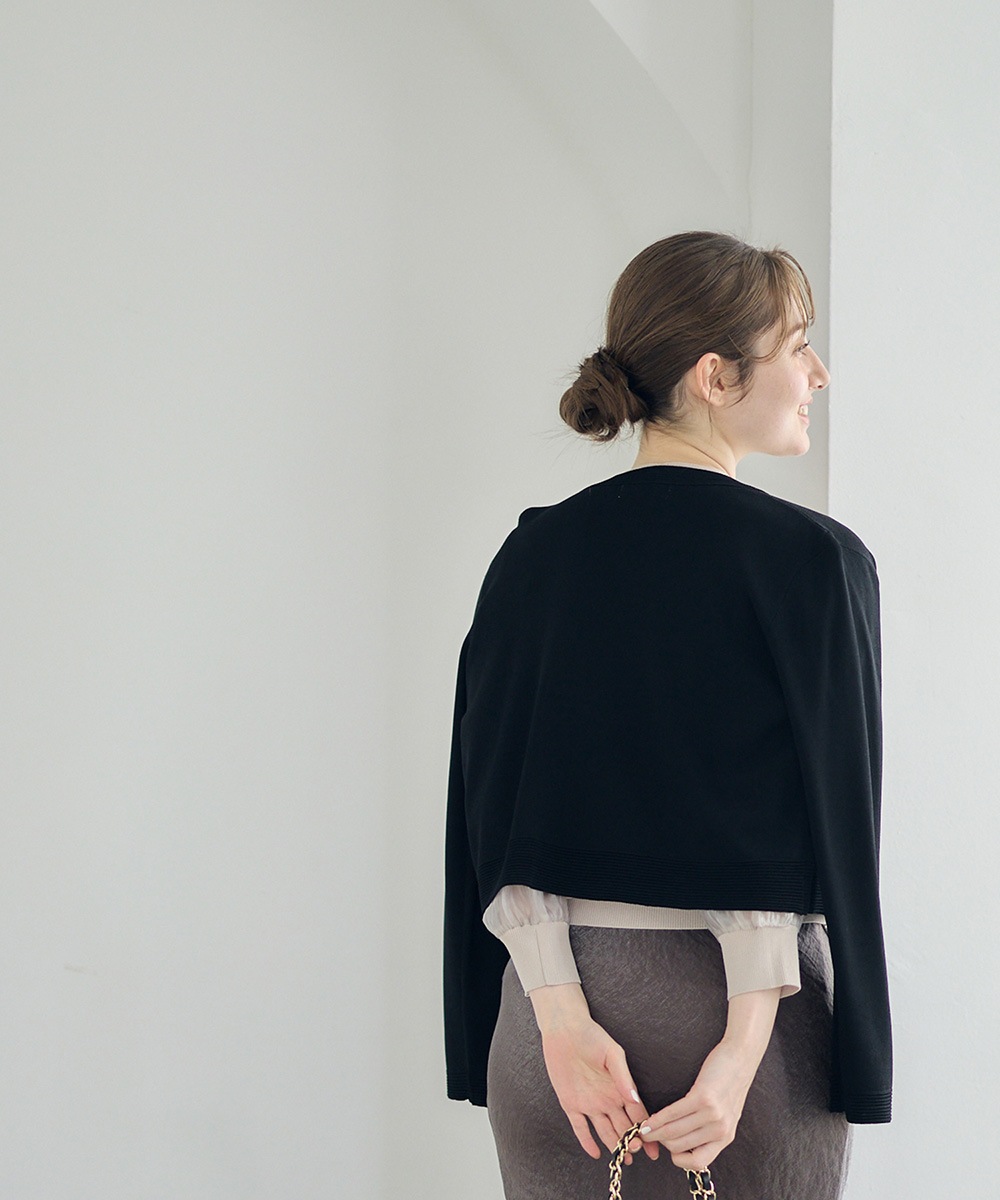 SALE】クルーネッククロップドジャケット風長袖ニット