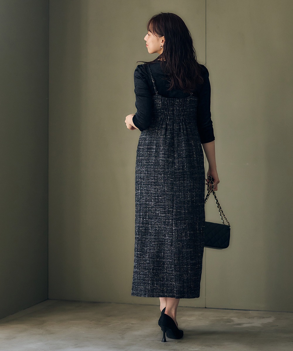 45R 現行 カルゼコットンツィードのドレスワンピース ツイード ロング丈 刺繍 45r コットンツイードのドレス