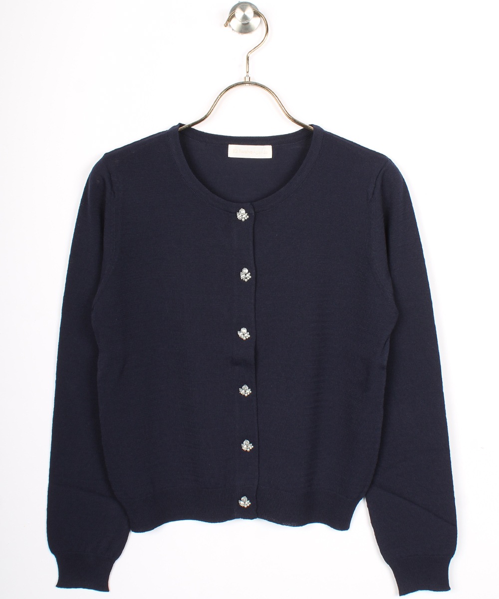 【極美品✨】ルネ　カーディガン　ビジュー　ネイビー　2024年モデル　38 SALE】クルーネックビジューモチーフニットカーディガン
