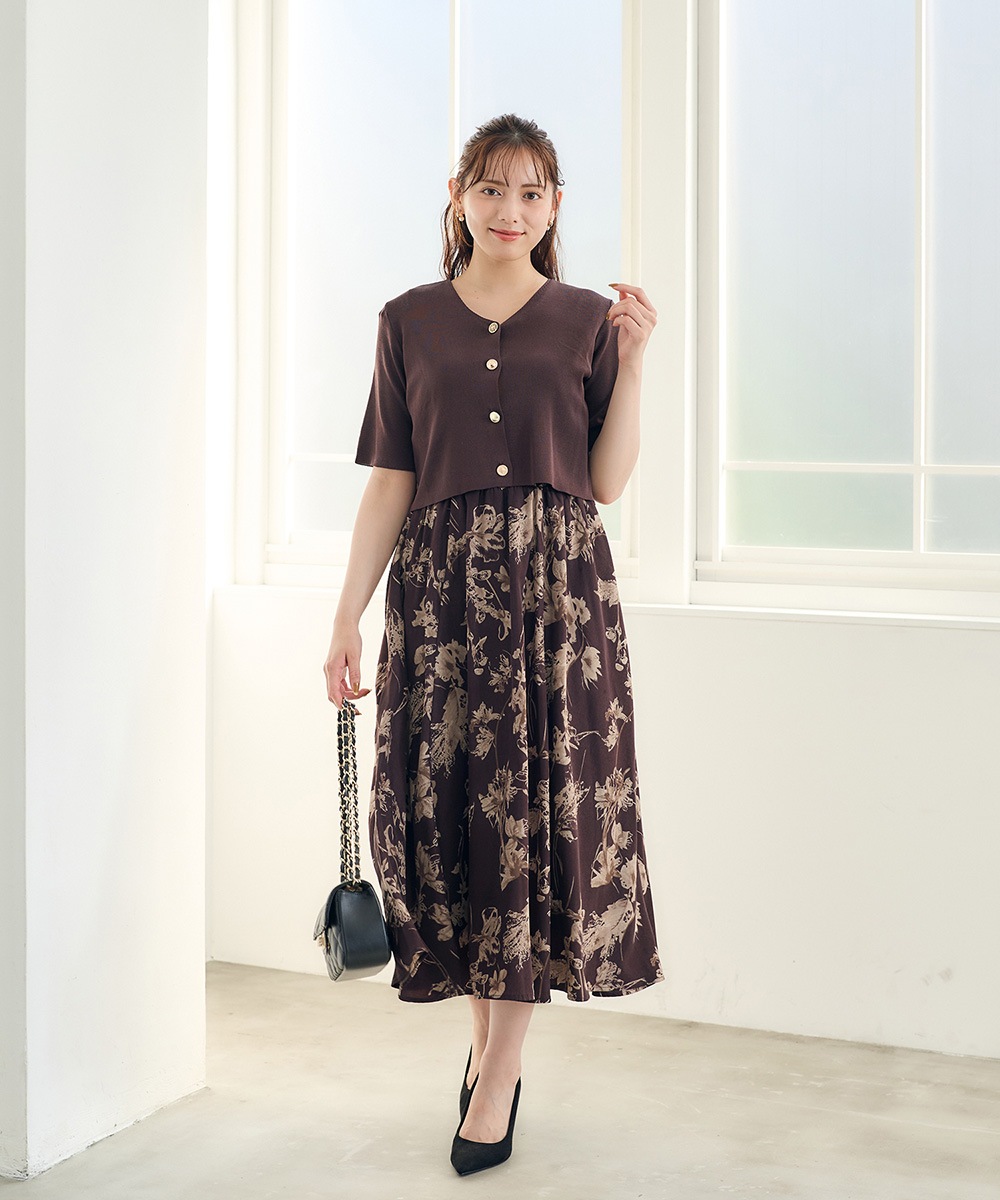 5分袖カーディガン×花柄ワンピースセット - 12Twelve Agenda