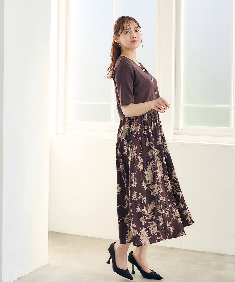 5分袖カーディガン×花柄ワンピースセット - 12Twelve Agenda