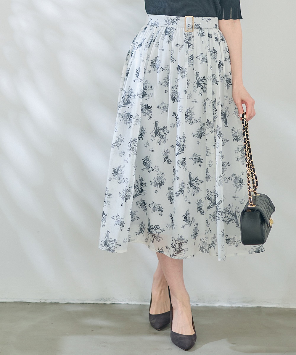 SALE】ベルト付シャイニーシフォン花柄スカート - 12Twelve Agenda