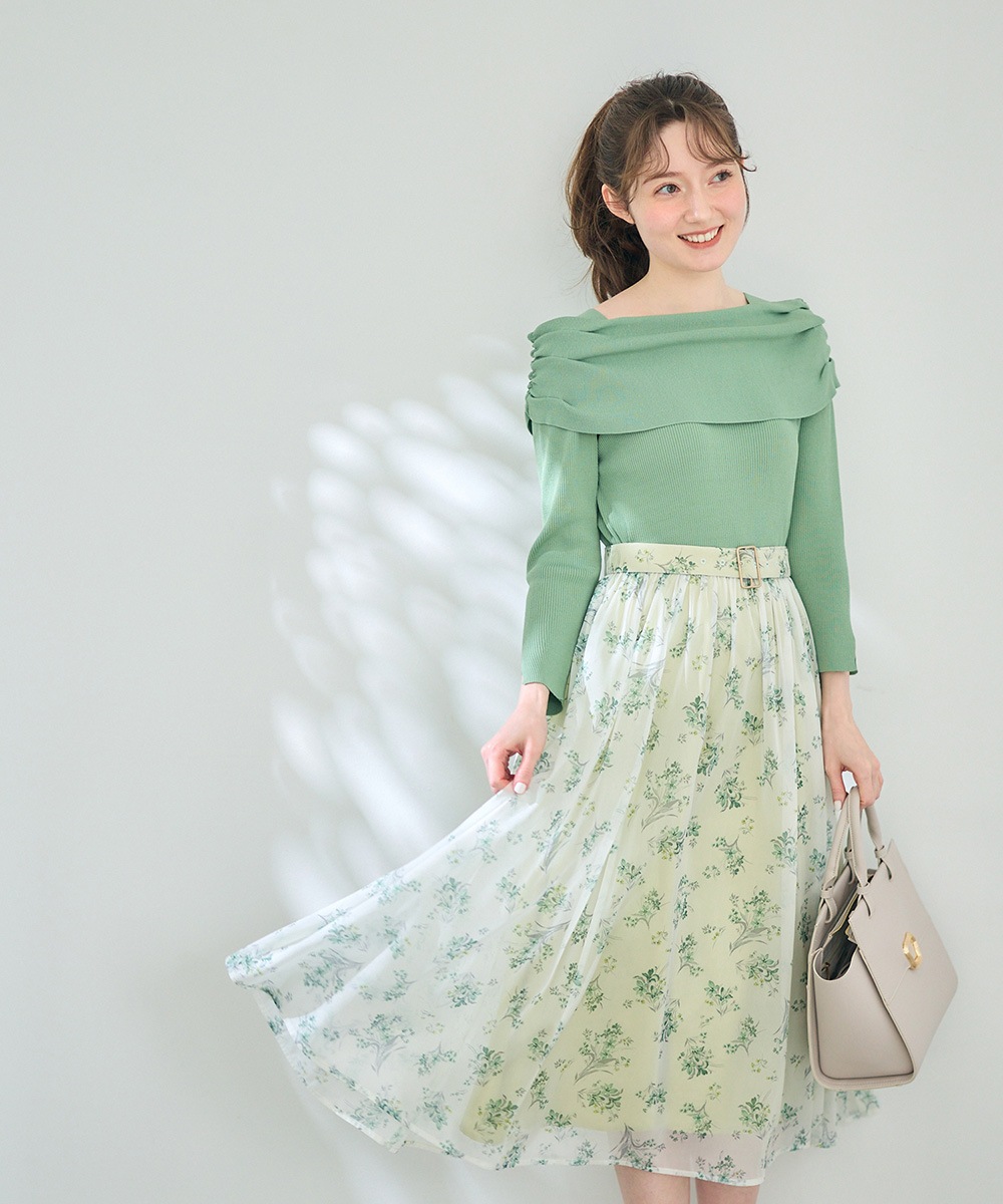 SALE】ベルト付シャイニーシフォン花柄スカート - 12Twelve