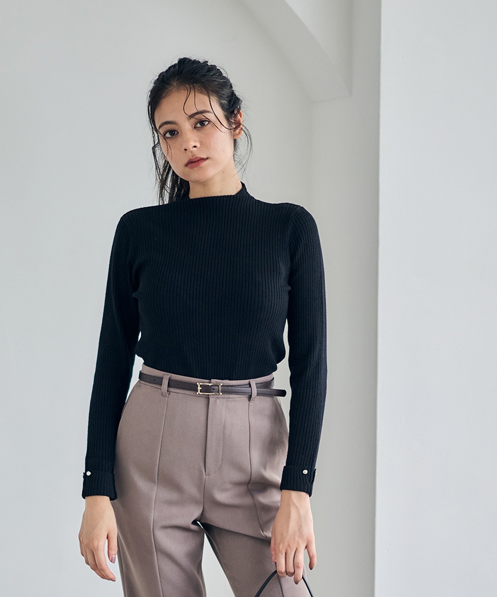 新色追加】ハイネック袖口ターンバックリブニットプルオーバー