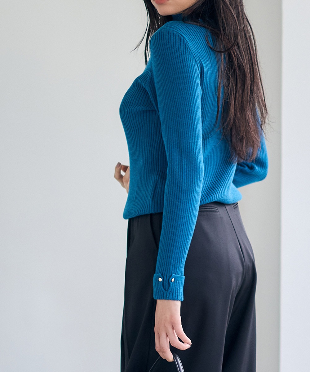 新色追加】ハイネック袖口ターンバックリブニットプルオーバー