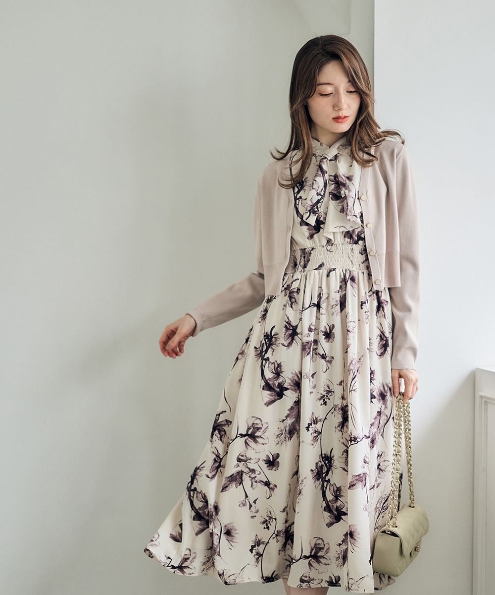 Vネックカーディガン×ボウタイ花柄ワンピースセット - 12Twelve