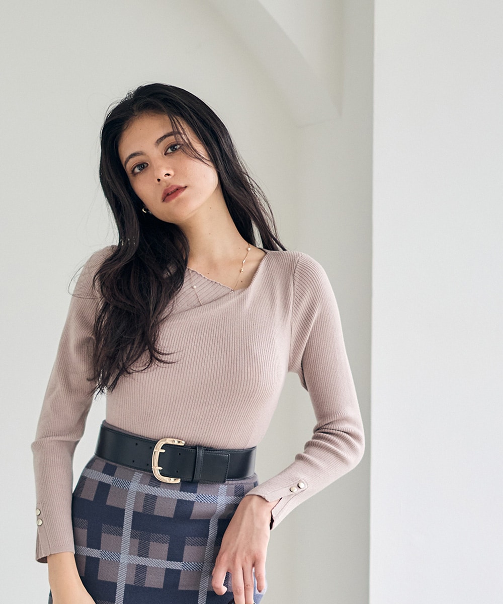 【試着のみ】アニュアンス　アシメネックリブニットプルオーバー　黒　ブラック アニュアンス anuans アシメネックリブニットプルオーバー