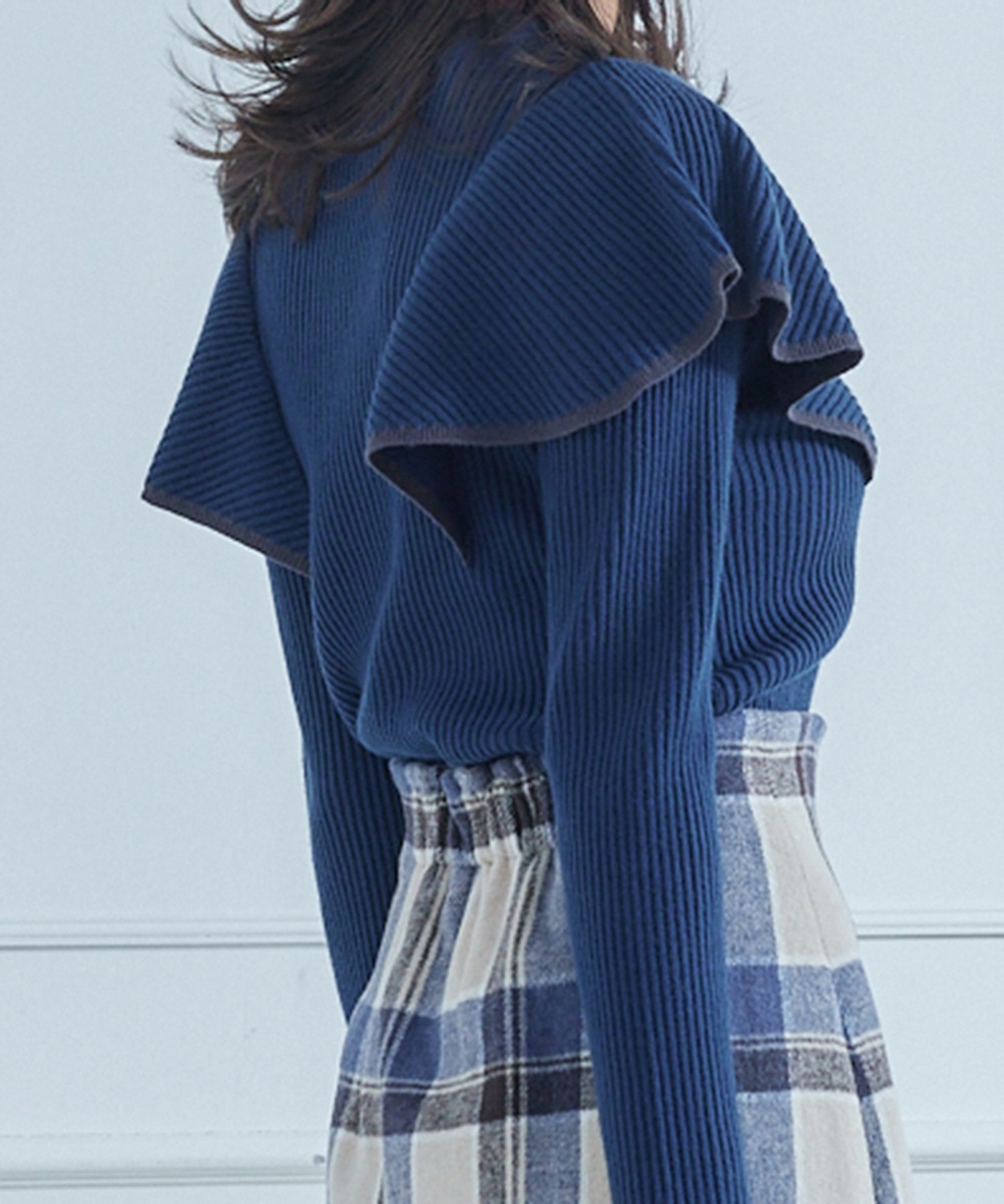 SALE】プチハイネック配色肩フリルリブニットプルオーバー