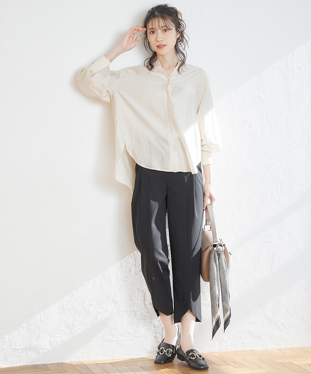トゥエルブアジェンダ 12Twelve Agenda シルキーローン袖先リブキーネックシャツ （ブラック） SALE】シルキーローン袖先リブキーネックシャツ - 12Twelve