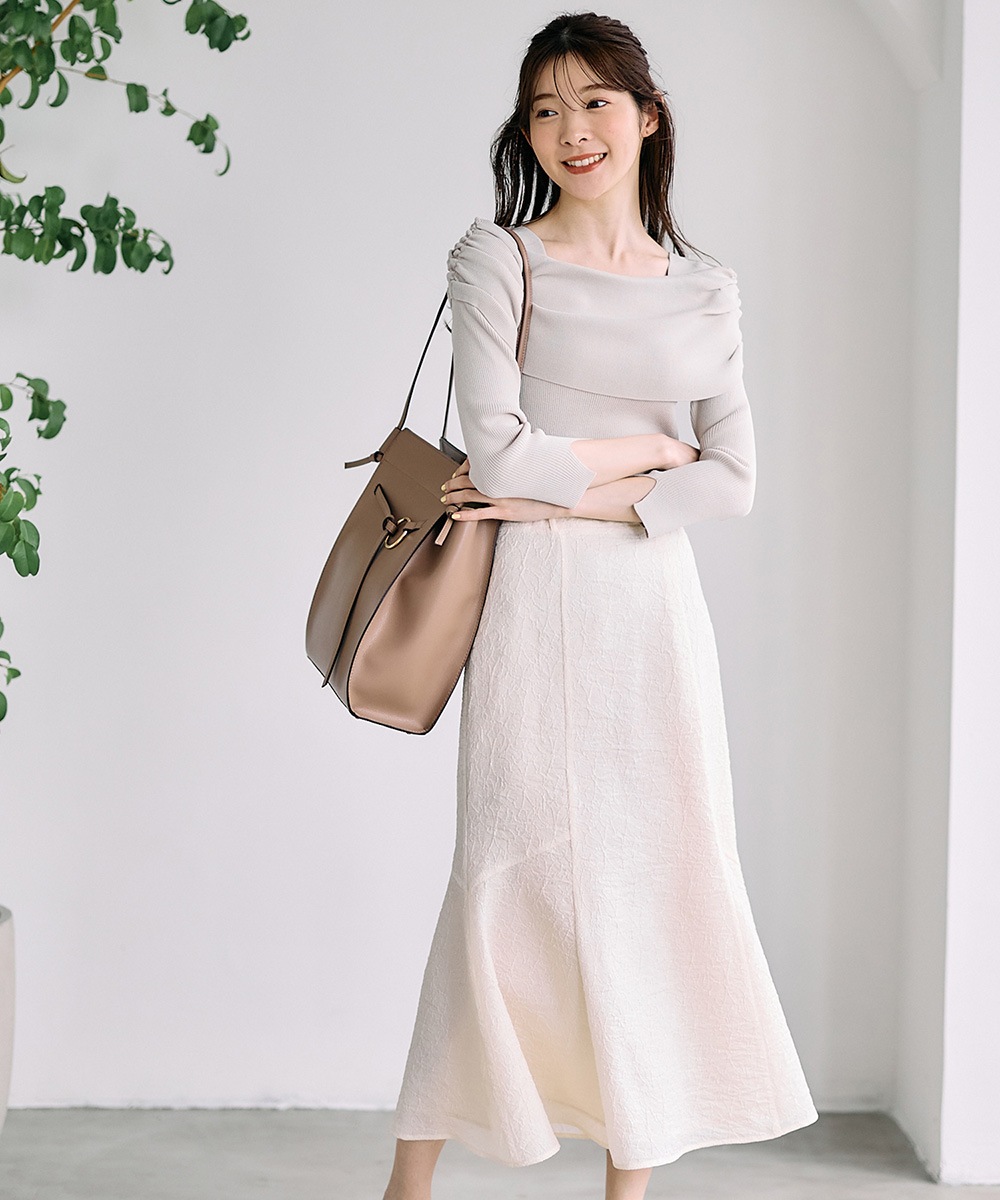 SALE】サイドドロストドレープオフショル7分袖ニットプルオーバー