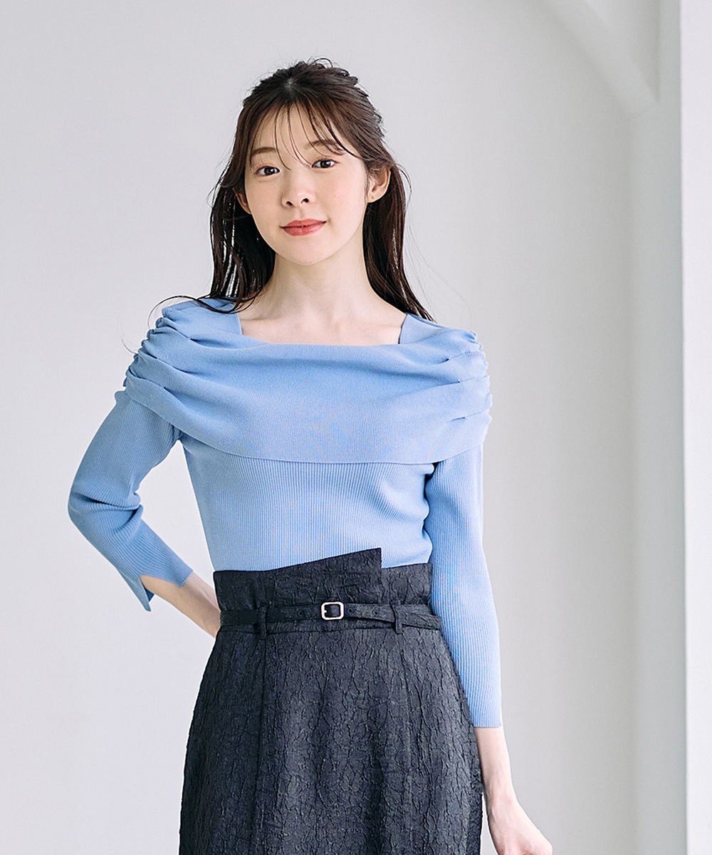 SALE】サイドドロストドレープオフショル11分袖ニットプルオーバー  