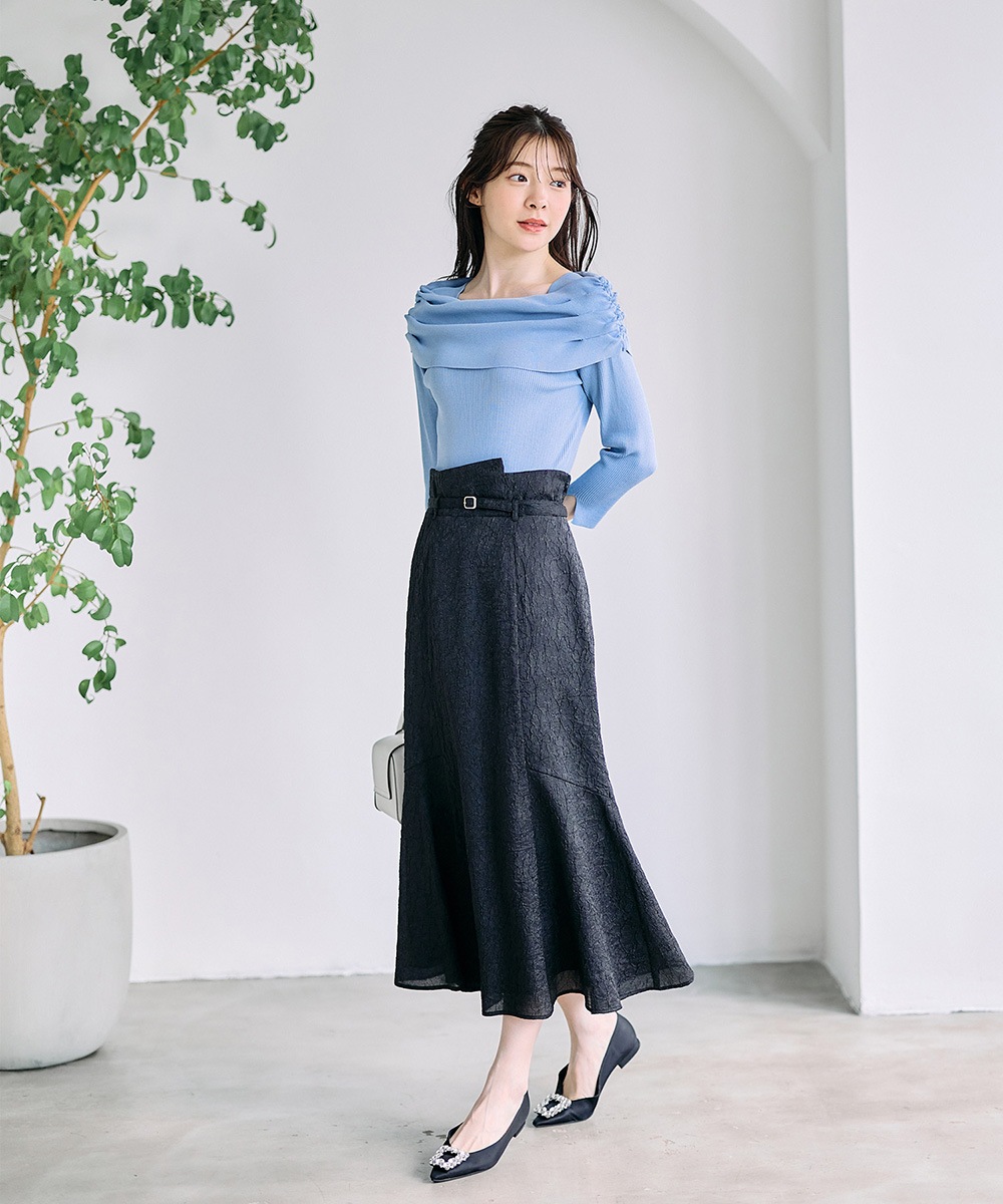 SALE】サイドドロストドレープオフショル7分袖ニットプル