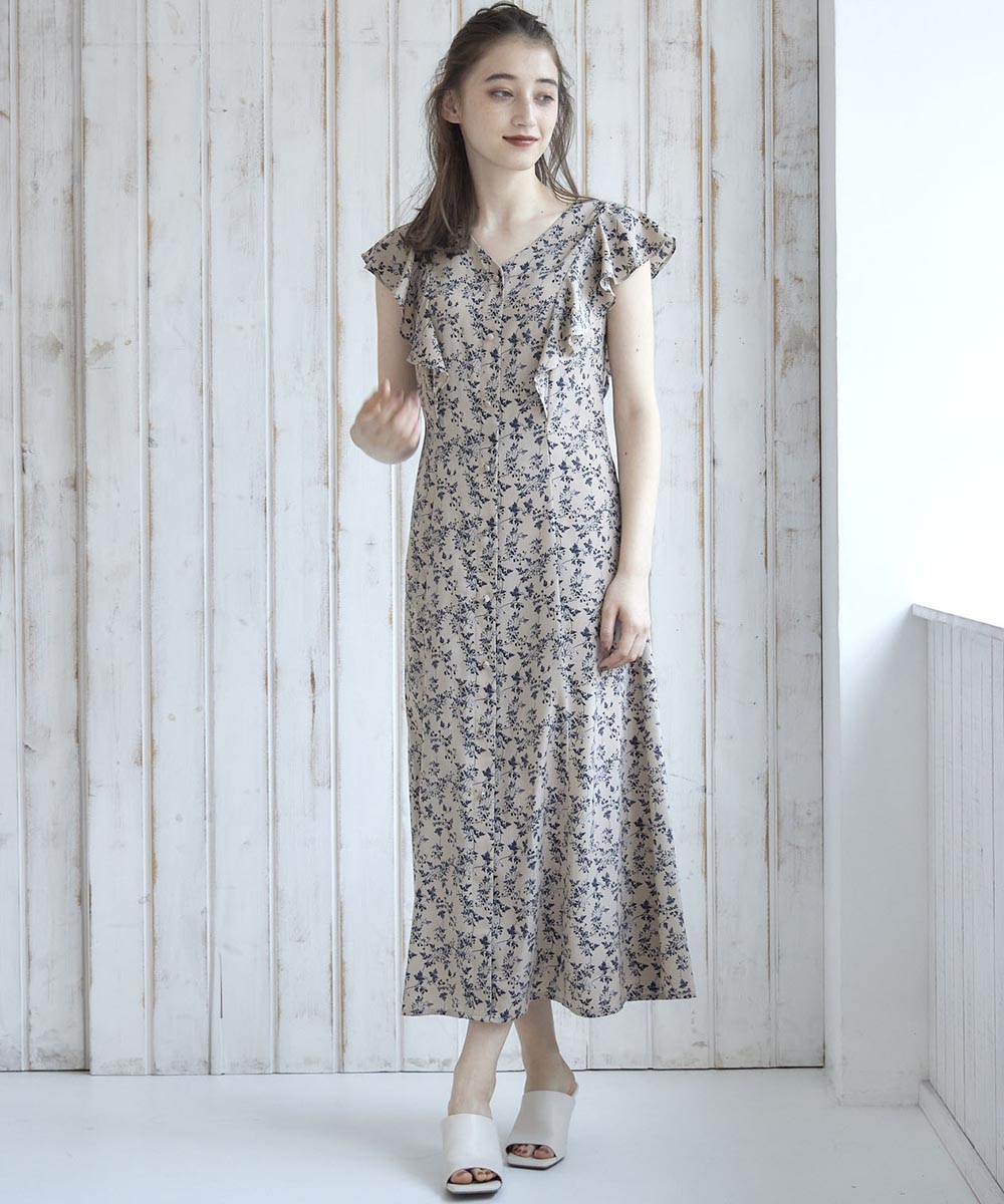 フリルスリーブ小花柄ロングワンピース - 12Twelve Agenda