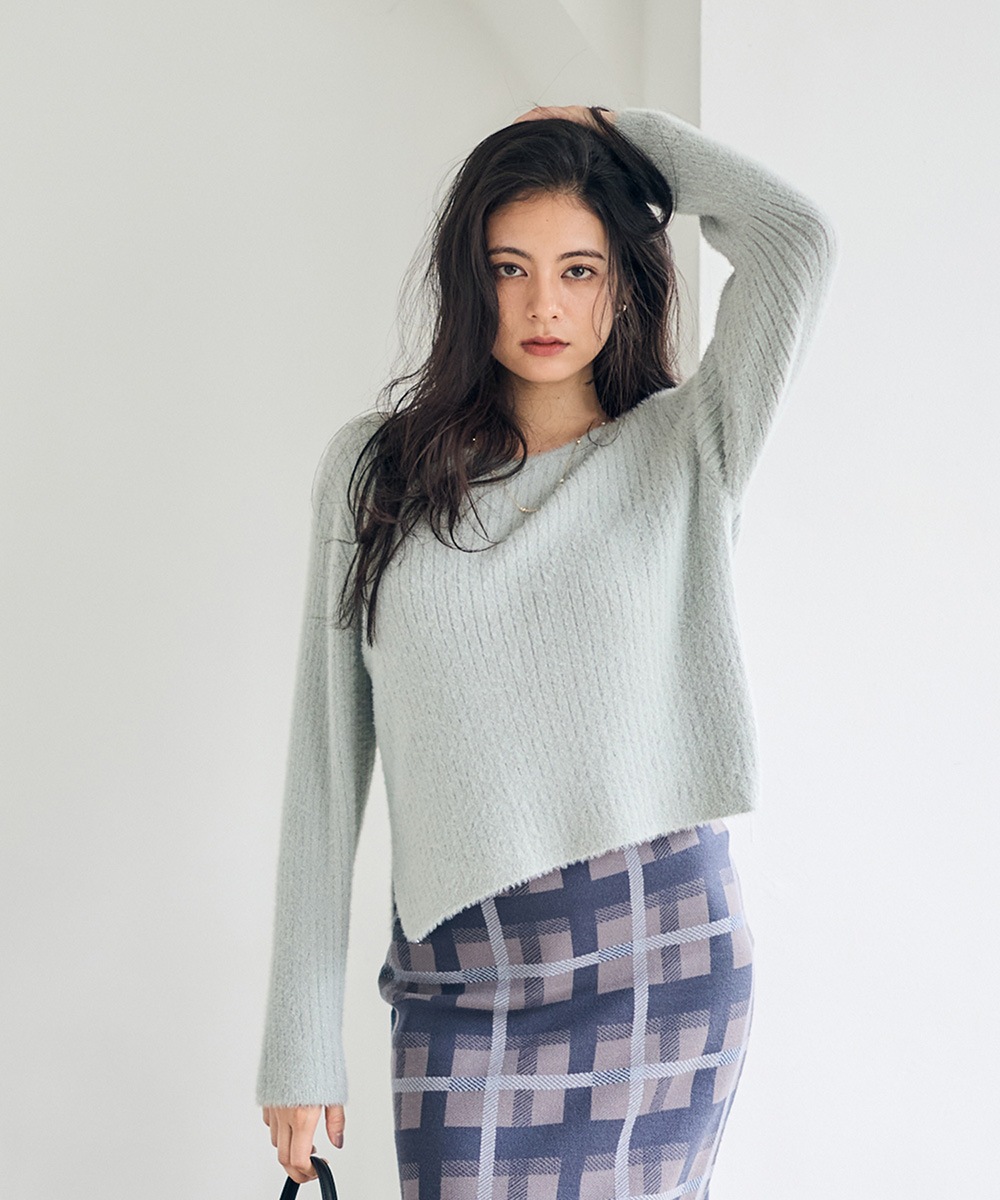 【鍵編みレース×シャギーニット／アルパカ•モヘア】インゲボルグ／ベルテッドコート シャギー畦編みニット