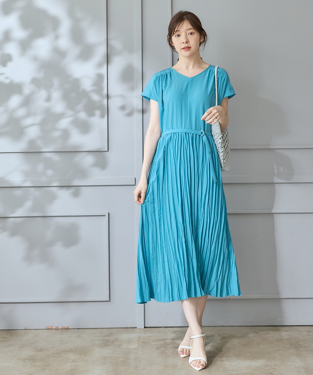 SALE】Vネックベルト付きクリンクルロングワンピース - 12Twelve