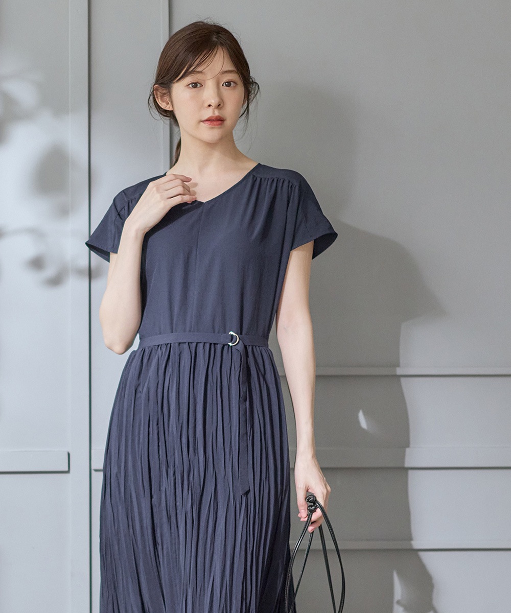 SALE】Vネックベルト付きクリンクルロングワンピース - 12Twelve