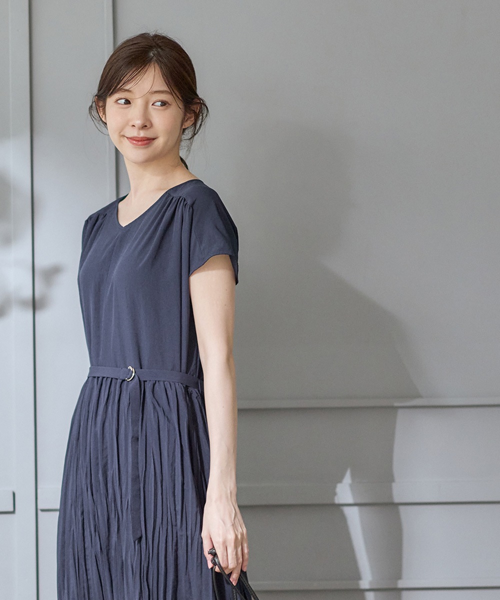 SALE】Vネックベルト付きクリンクルロングワンピース - 12Twelve