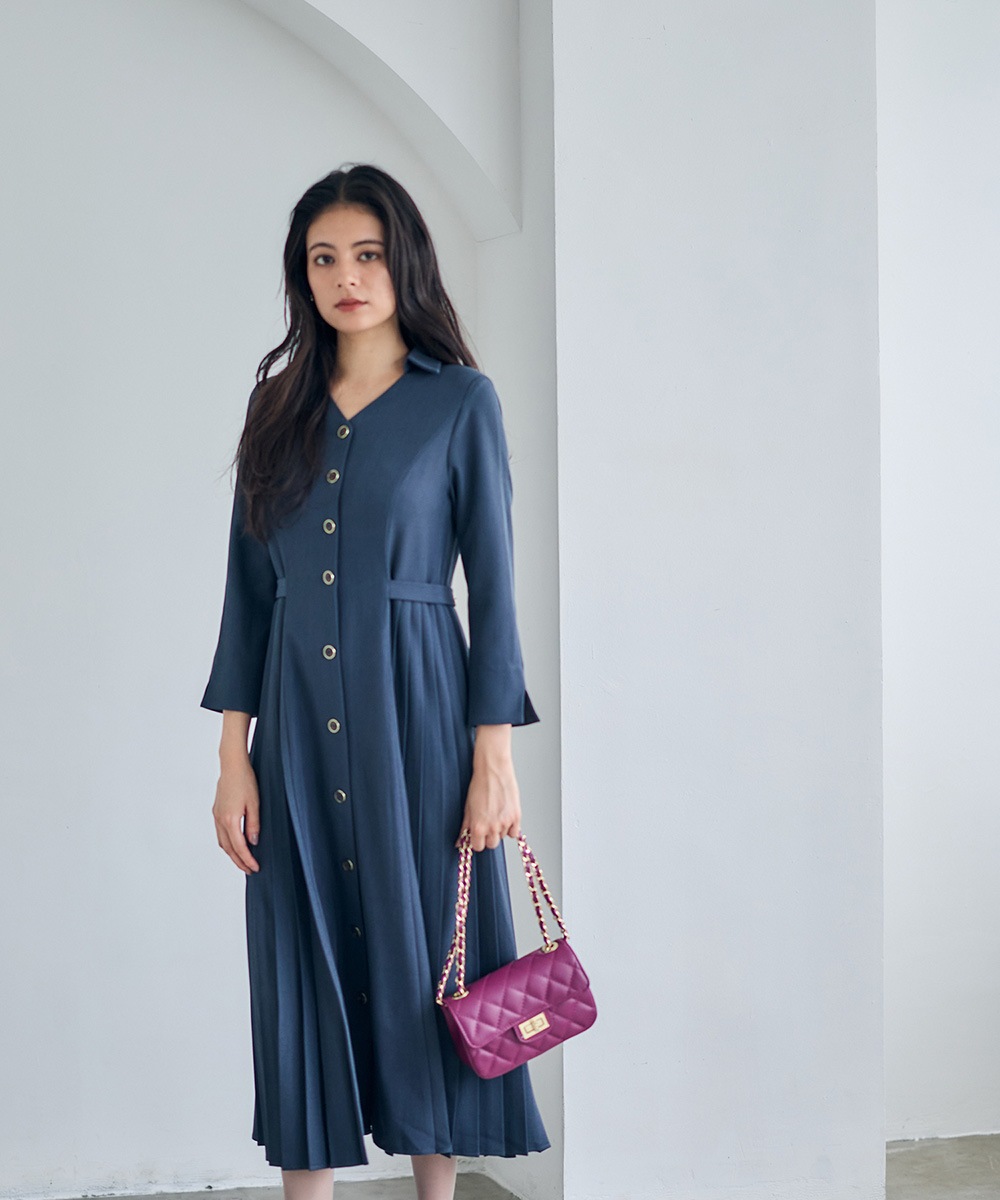 ファブール ネイビーのジレ サイドプリーツフレアワンピース - 12Twelve Agenda(トゥエルブ