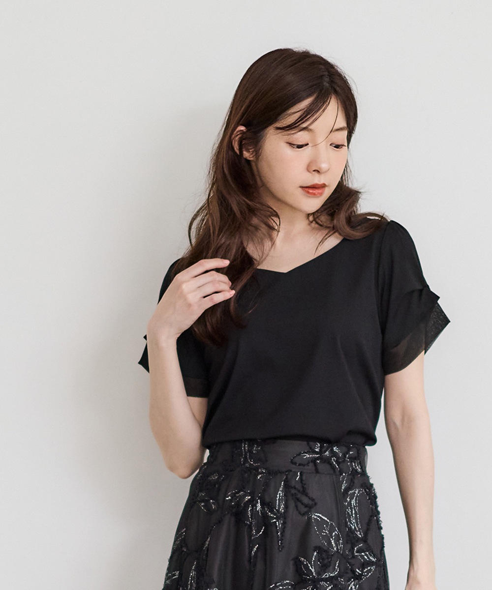 SALE】ハートネック異素材タックスリーブカットソープルオーバー