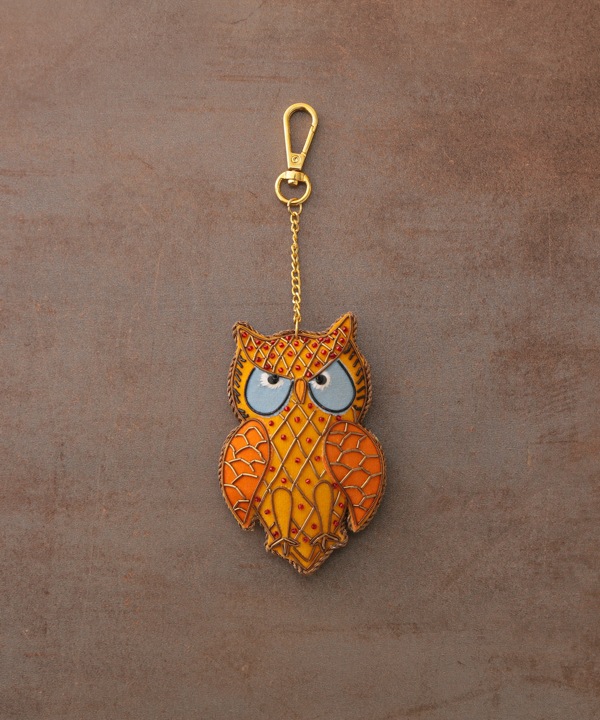 ザリ刺繍 ゴンド・アート フクロウ バッグチャーム（キーホルダー）  M21-2490