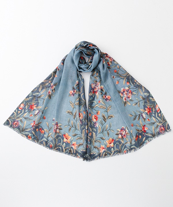 ウールシルク 花柄プリントショール B25W003BL